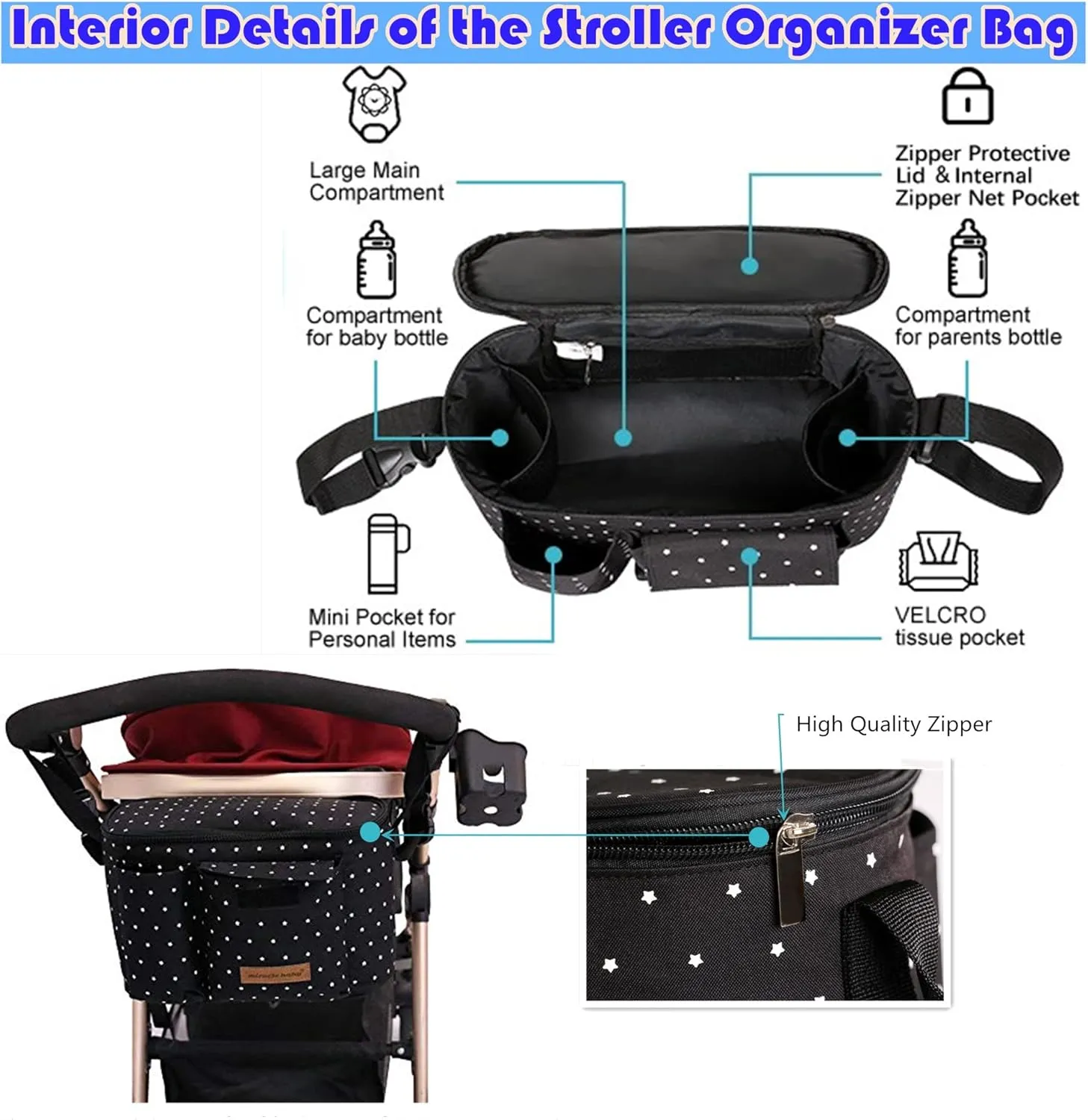 Miracle Baby Stroller Organizer Bag for Mom,Universal Stroller Storage Caddy Diaper Bag- Compatible with Most Stroller - Multifunctional Larg(Black White Star)