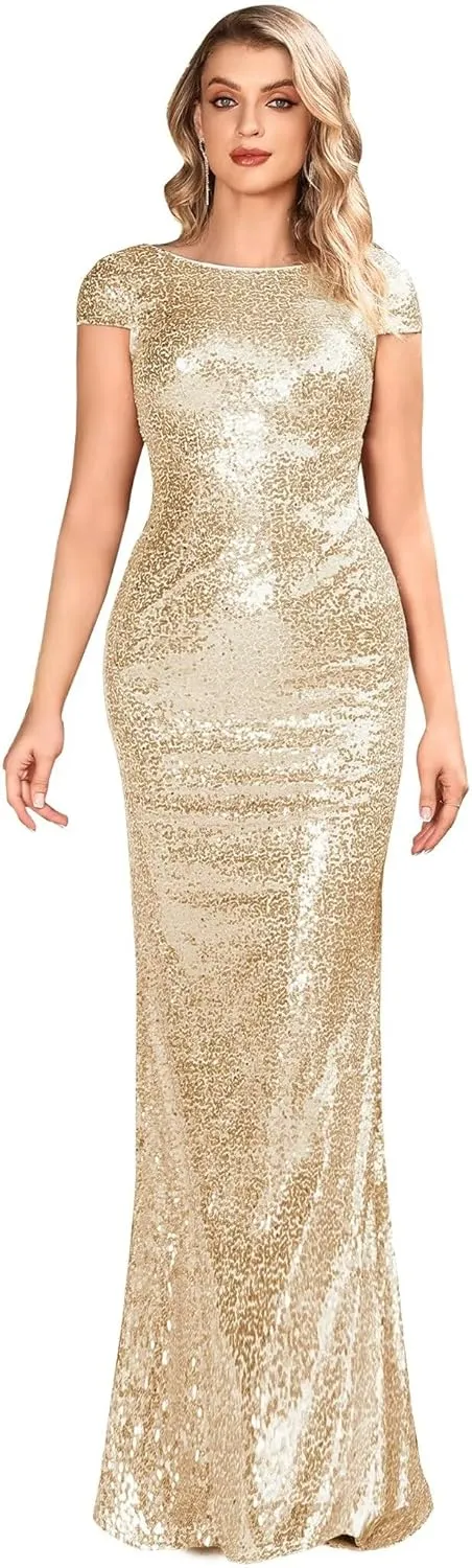 MisShow Women's Sequins Prom Bridesmaid Mermaid Dress Glitter Gold Long Evening Gowns Formal Cocktail Dresses
