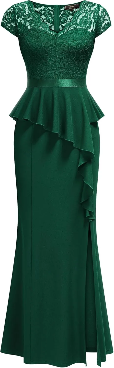 MISSMAY Women's Elegant Floral Lace Ruffle Split Cocktail Party Long Dress