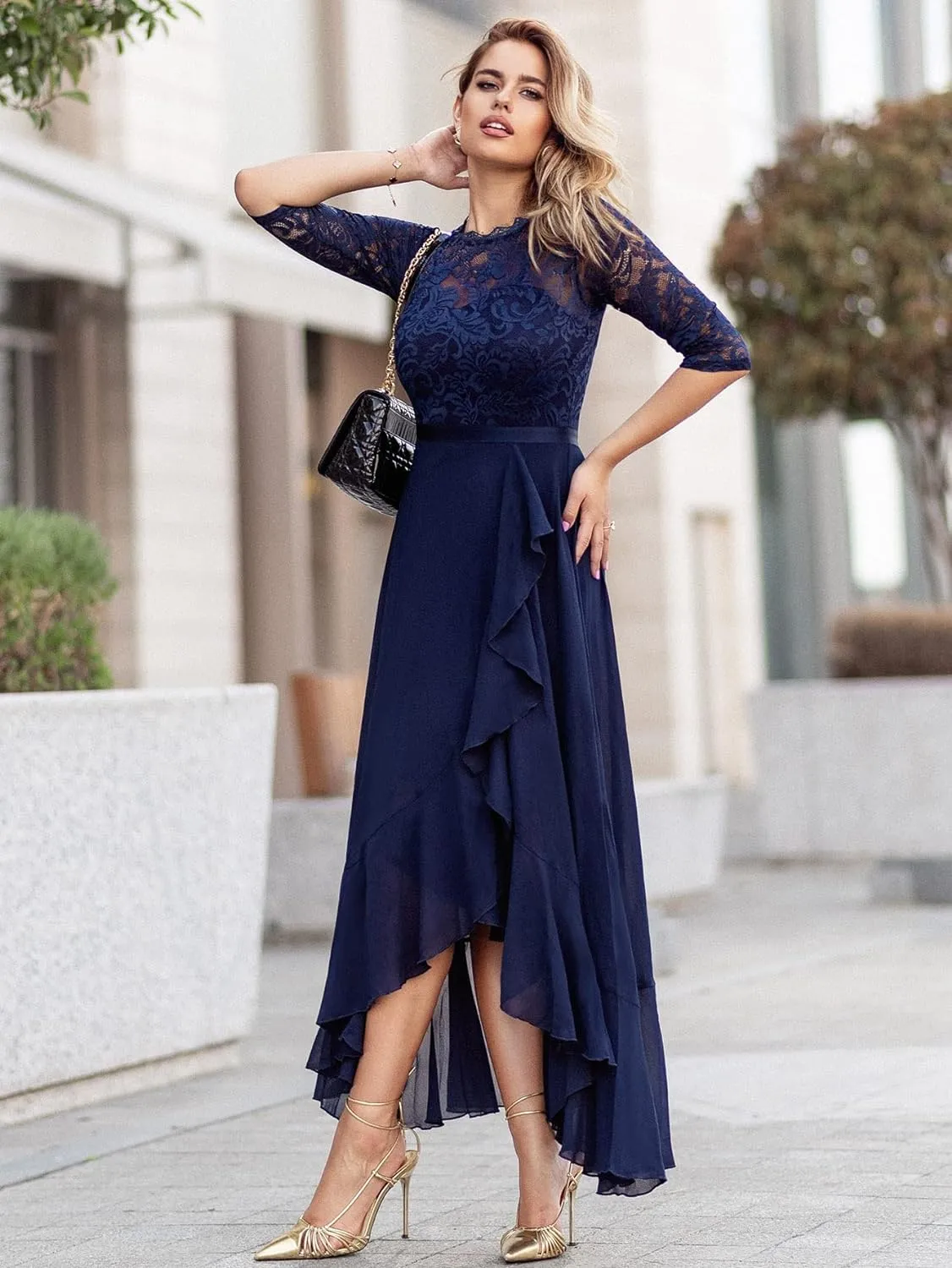 Miusol Women's Elegant Floral Lace Ruffle Bridesmaid Maxi Dress