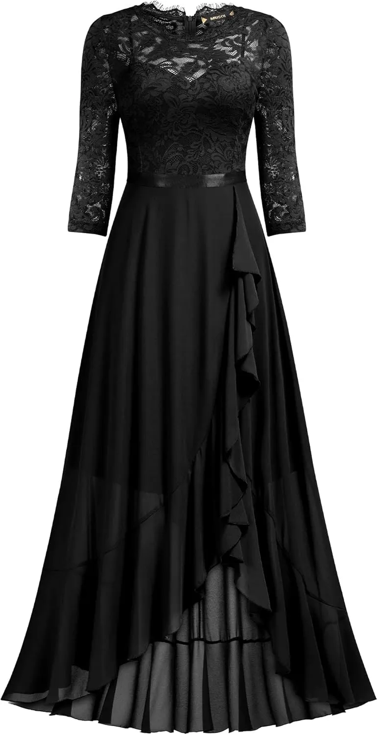 Miusol Women's Elegant Floral Lace Ruffle Bridesmaid Maxi Dress