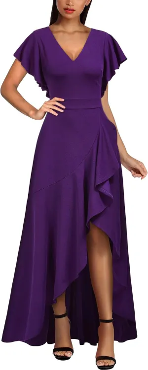 Miusol Women's Formal V Neck Ruffle Split Evening Party Long Dress