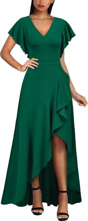 Miusol Women's Formal V Neck Ruffle Split Evening Party Long Dress