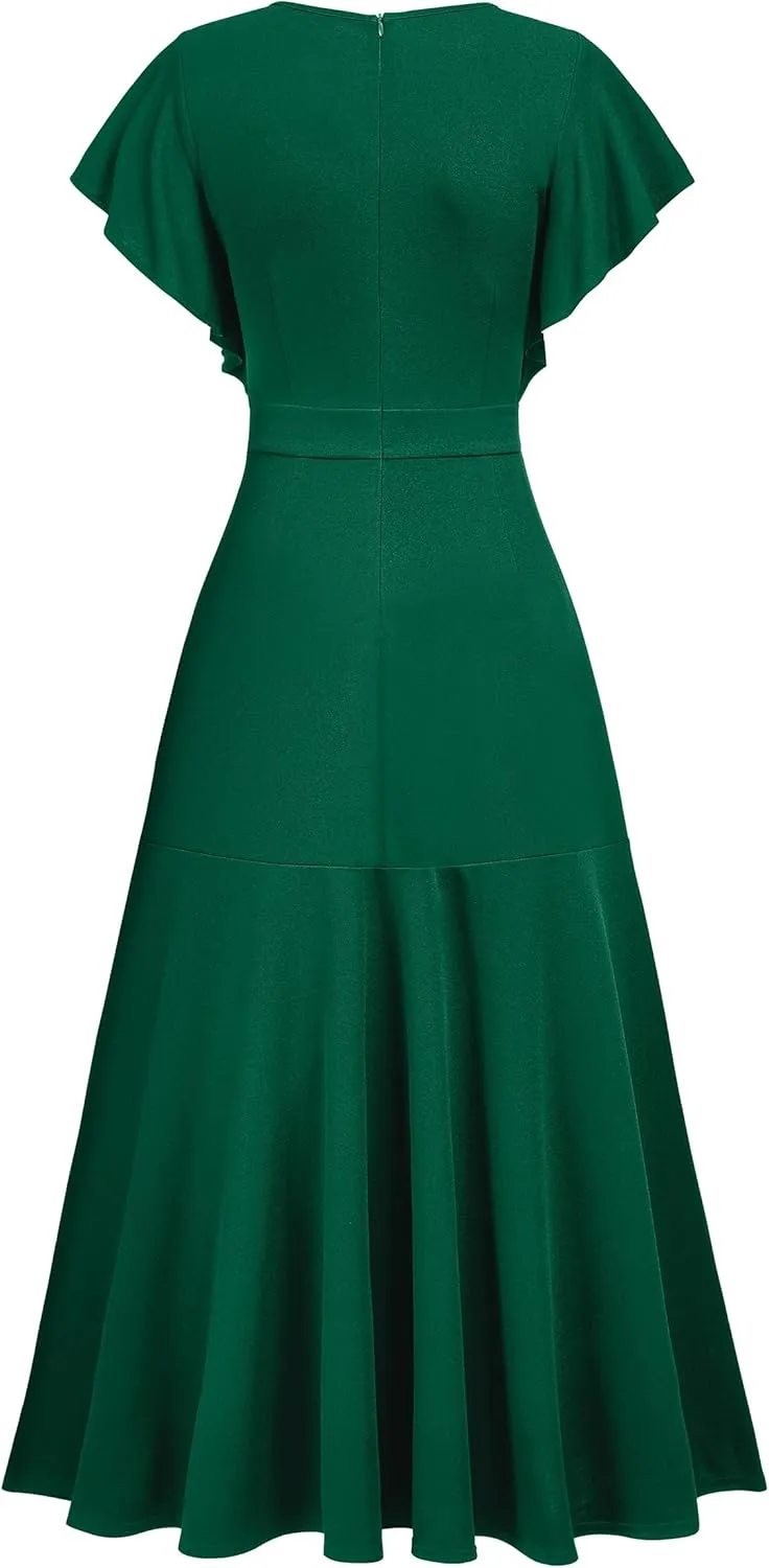 Miusol Women's Formal V Neck Ruffle Split Evening Party Long Dress