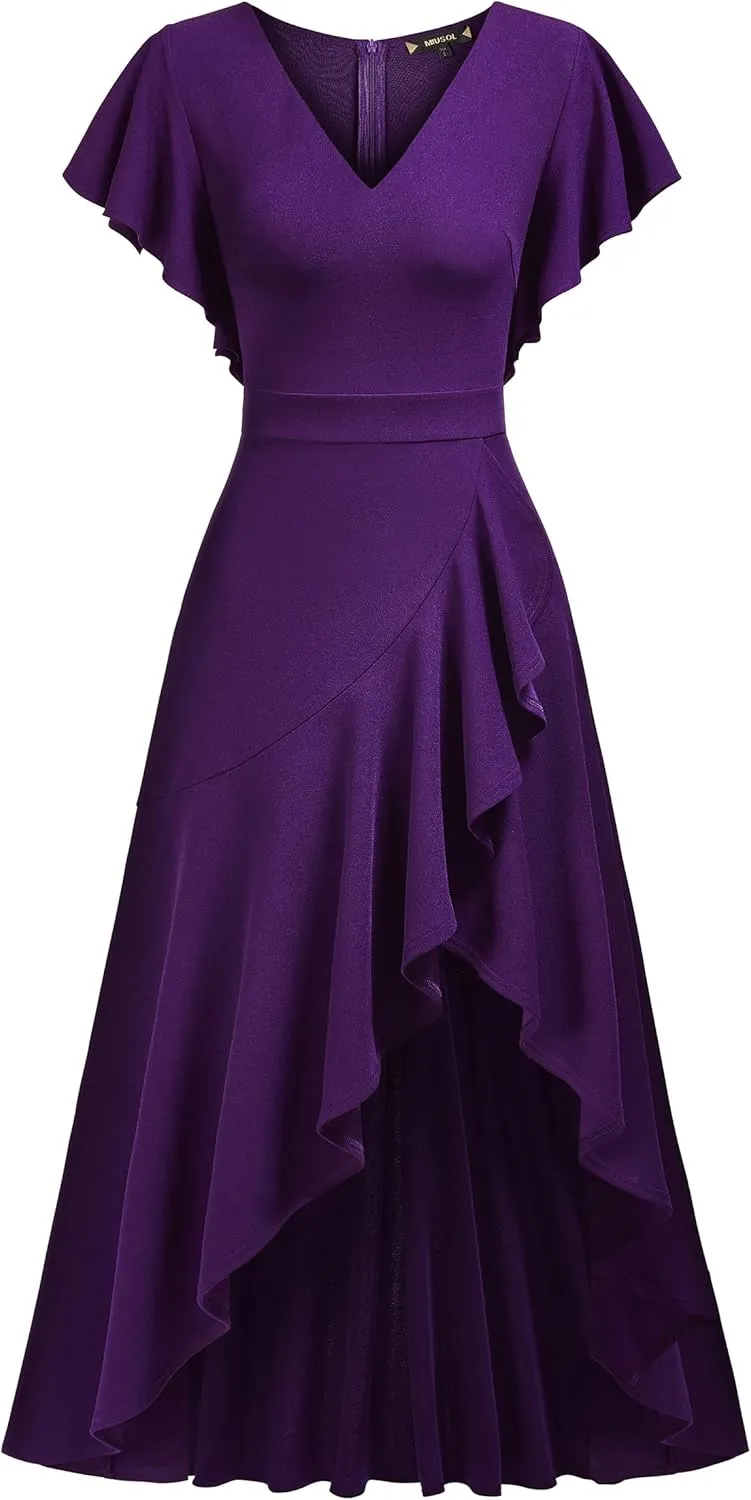 Miusol Women's Formal V Neck Ruffle Split Evening Party Long Dress