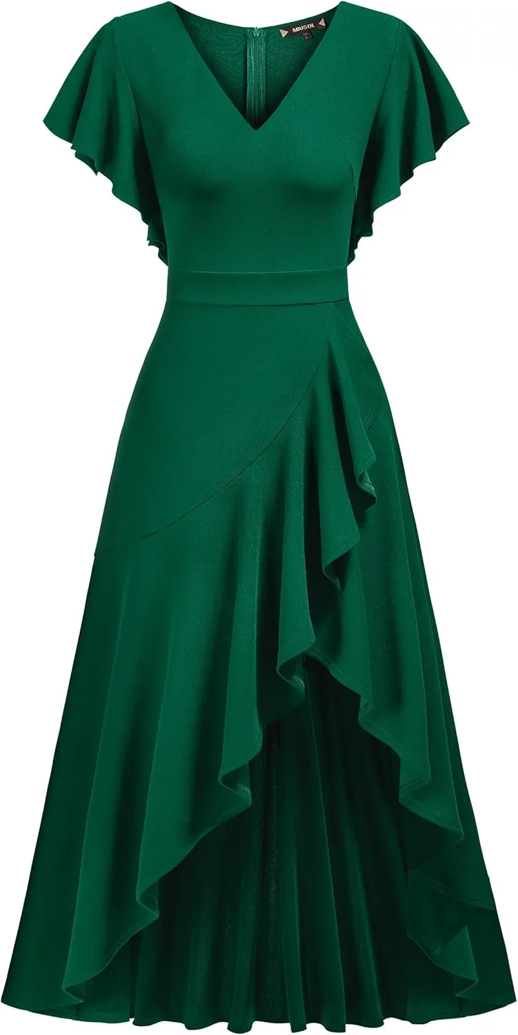Miusol Women's Formal V Neck Ruffle Split Evening Party Long Dress
