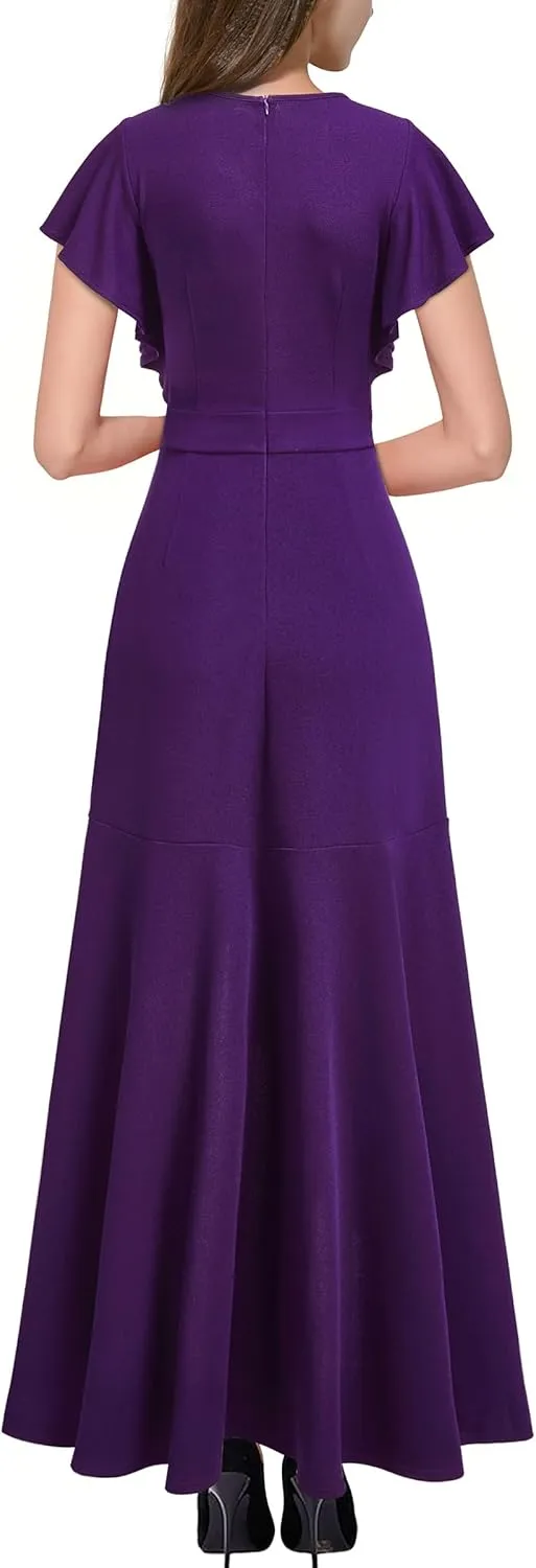 Miusol Women's Formal V Neck Ruffle Split Evening Party Long Dress