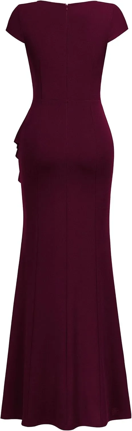 Miusol Women's Retro V Neck Elegant Ruched Split Style Formal Long Dress