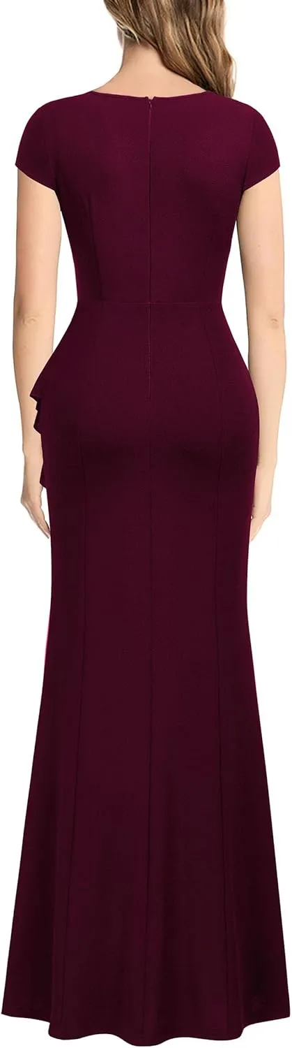 Miusol Women's Retro V Neck Elegant Ruched Split Style Formal Long Dress