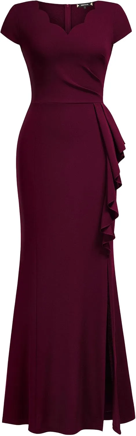 Miusol Women's Retro V Neck Elegant Ruched Split Style Formal Long Dress