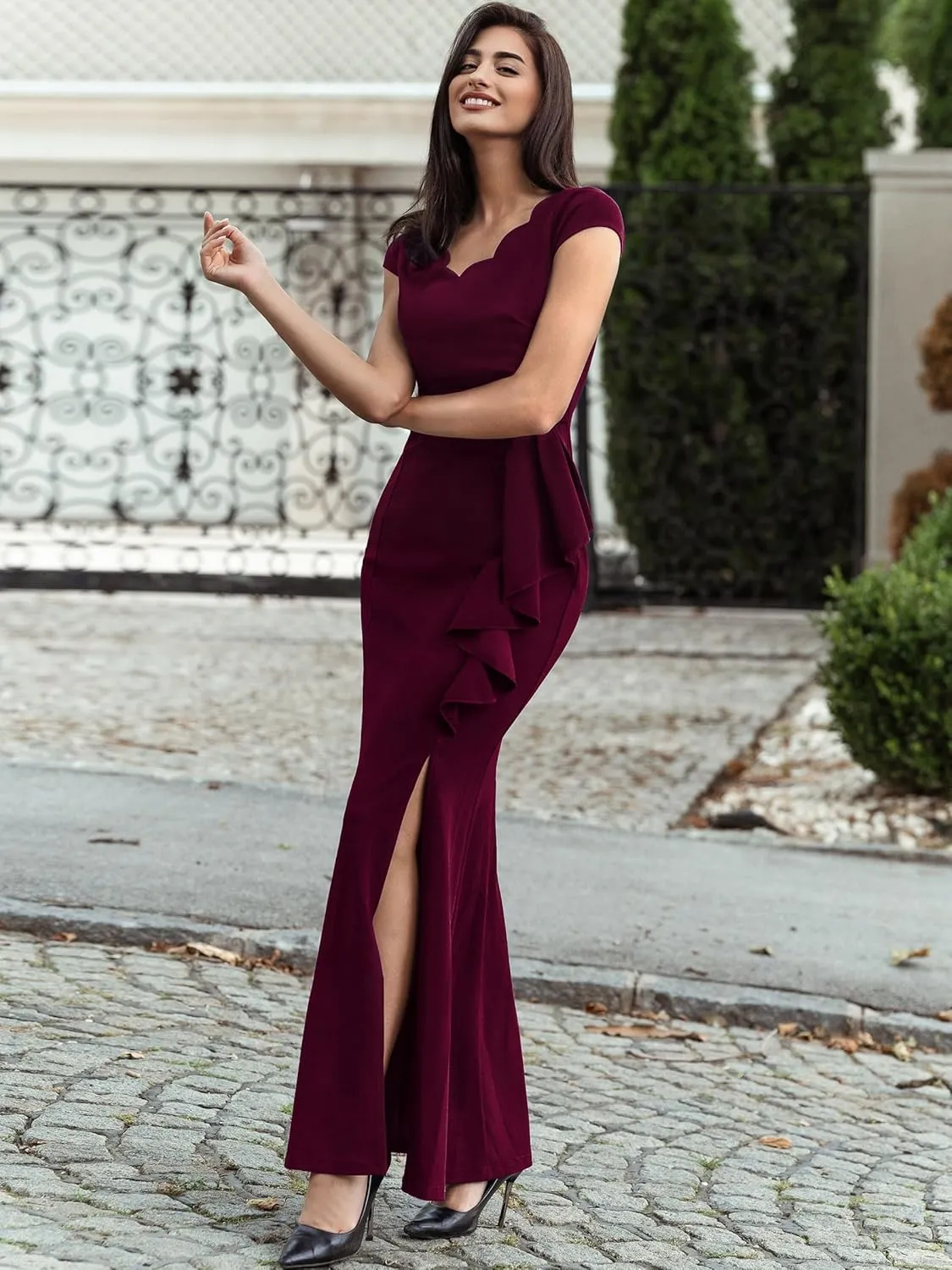 Miusol Women's Retro V Neck Elegant Ruched Split Style Formal Long Dress