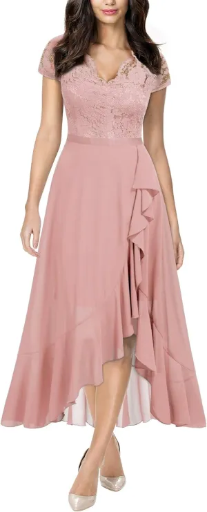 Miusol Women's V Neck Elegant Lace Ruffle Bridesmaid Maxi Dress