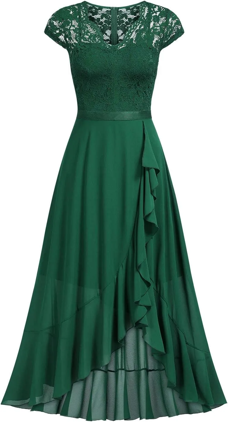 Miusol Women's V Neck Elegant Lace Ruffle Bridesmaid Maxi Dress