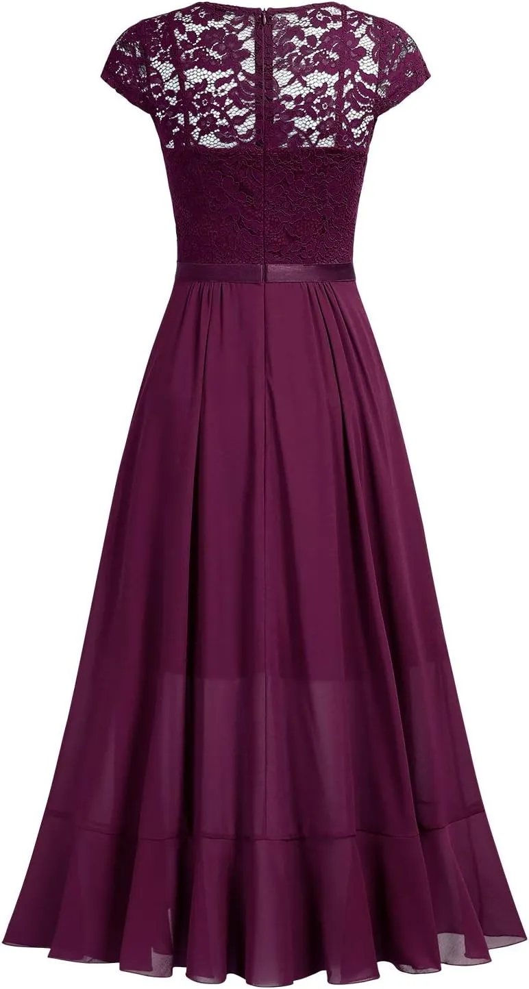 Miusol Women's V Neck Elegant Lace Ruffle Bridesmaid Maxi Dress