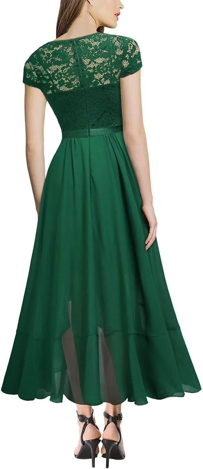 Miusol Women's V Neck Elegant Lace Ruffle Bridesmaid Maxi Dress