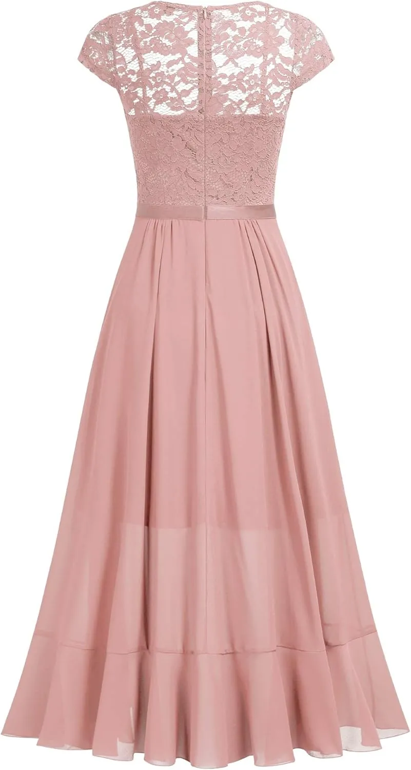 Miusol Women's V Neck Elegant Lace Ruffle Bridesmaid Maxi Dress