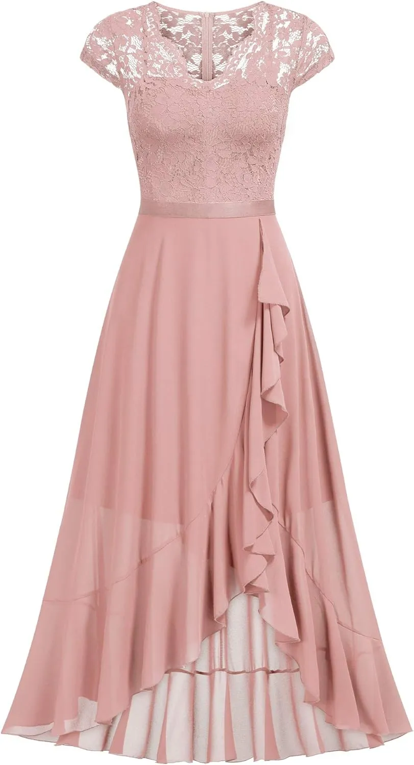 Miusol Women's V Neck Elegant Lace Ruffle Bridesmaid Maxi Dress