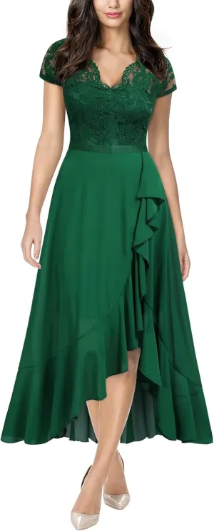 Miusol Women's V Neck Elegant Lace Ruffle Bridesmaid Maxi Dress