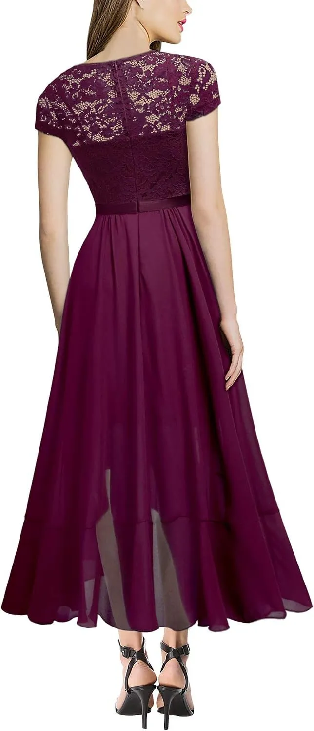 Miusol Women's V Neck Elegant Lace Ruffle Bridesmaid Maxi Dress