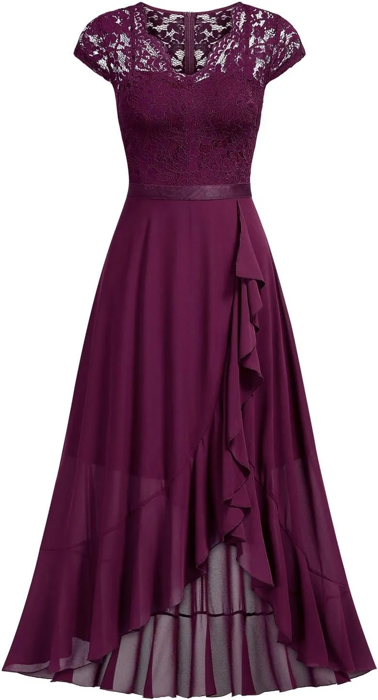 Miusol Women's V Neck Elegant Lace Ruffle Bridesmaid Maxi Dress