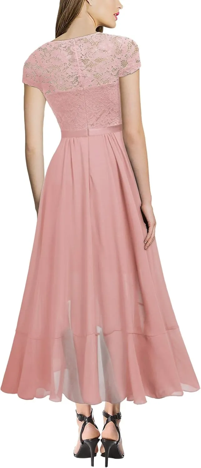 Miusol Women's V Neck Elegant Lace Ruffle Bridesmaid Maxi Dress