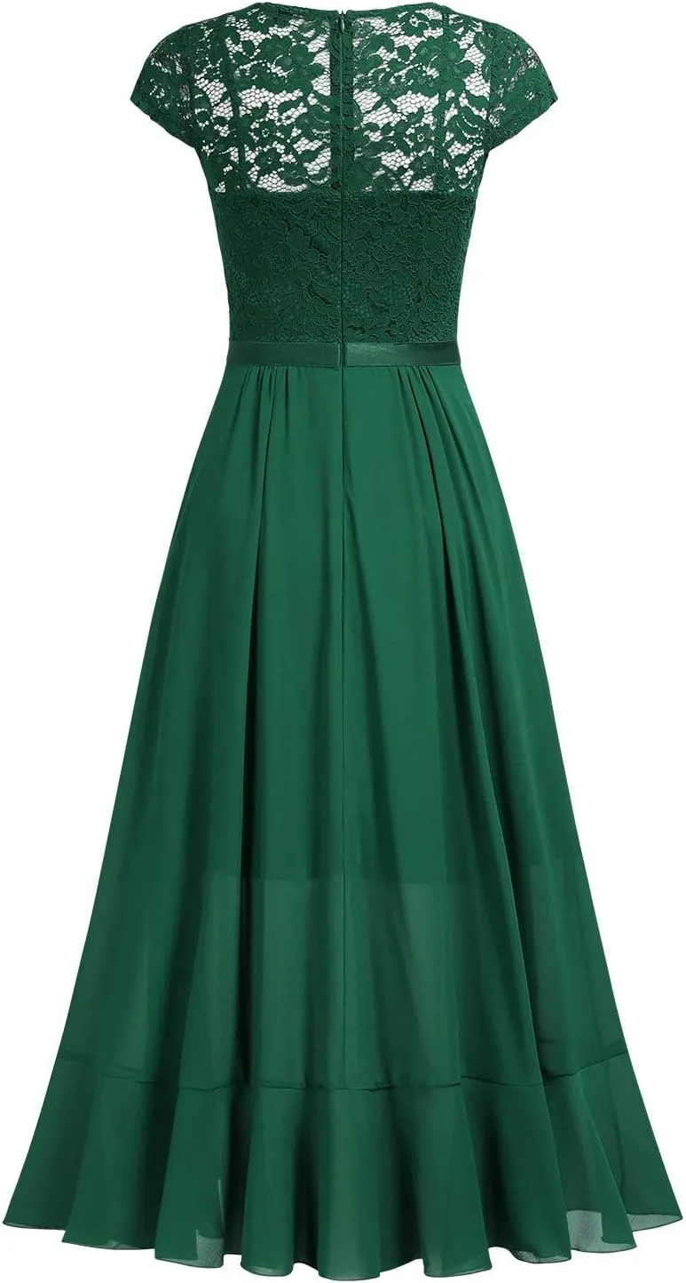 Miusol Women's V Neck Elegant Lace Ruffle Bridesmaid Maxi Dress