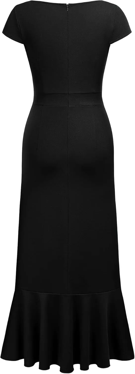 Miusol Women's Vintage V Neck Ruffle Split Bridesmaid Party Long Dress