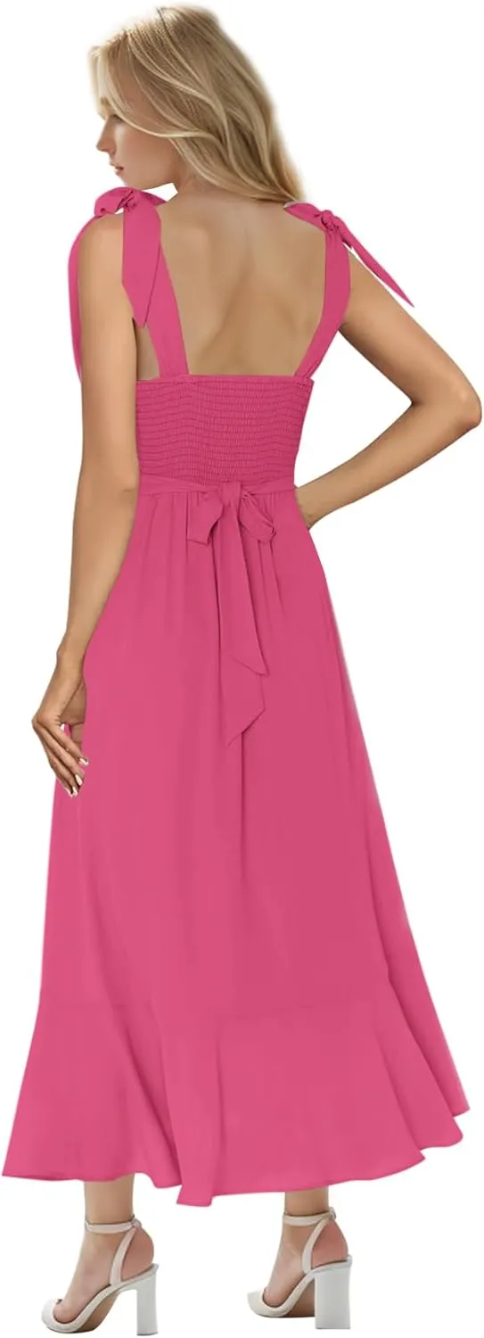 MllesReve Women Midi Dresses Square Neck Side Slit Ruffle Smock Dresses Elegant Formal Evening Wedding Guest Dresses