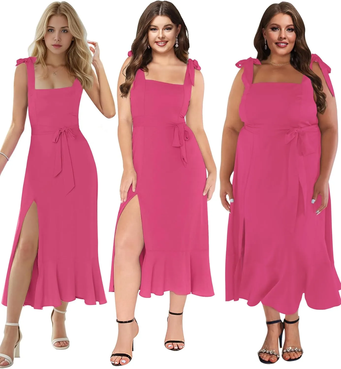 MllesReve Women Midi Dresses Square Neck Side Slit Ruffle Smock Dresses Elegant Formal Evening Wedding Guest Dresses