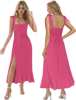 MllesReve Women Midi Dresses Square Neck Side Slit Ruffle Smock Dresses Elegant Formal Evening Wedding Guest Dresses