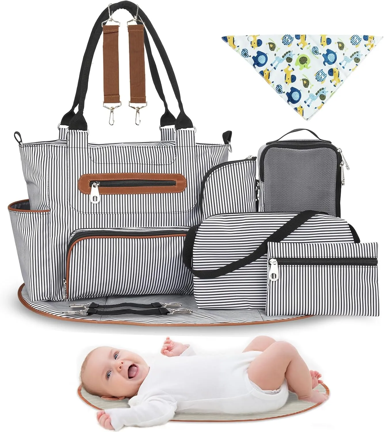 Moclever 8pc Diaper Tote Set, Baby Essentials with Multifunctional Diaper Bags, Bottle & Mesh Bag