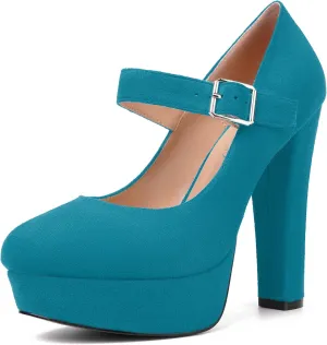 MODENCOCO Womens Fashion Mary Jane Suede Ankle Strap Round Toe Evening Platform Sexy Buckle Block High Heel Pumps Dress Shoes 5 Inch