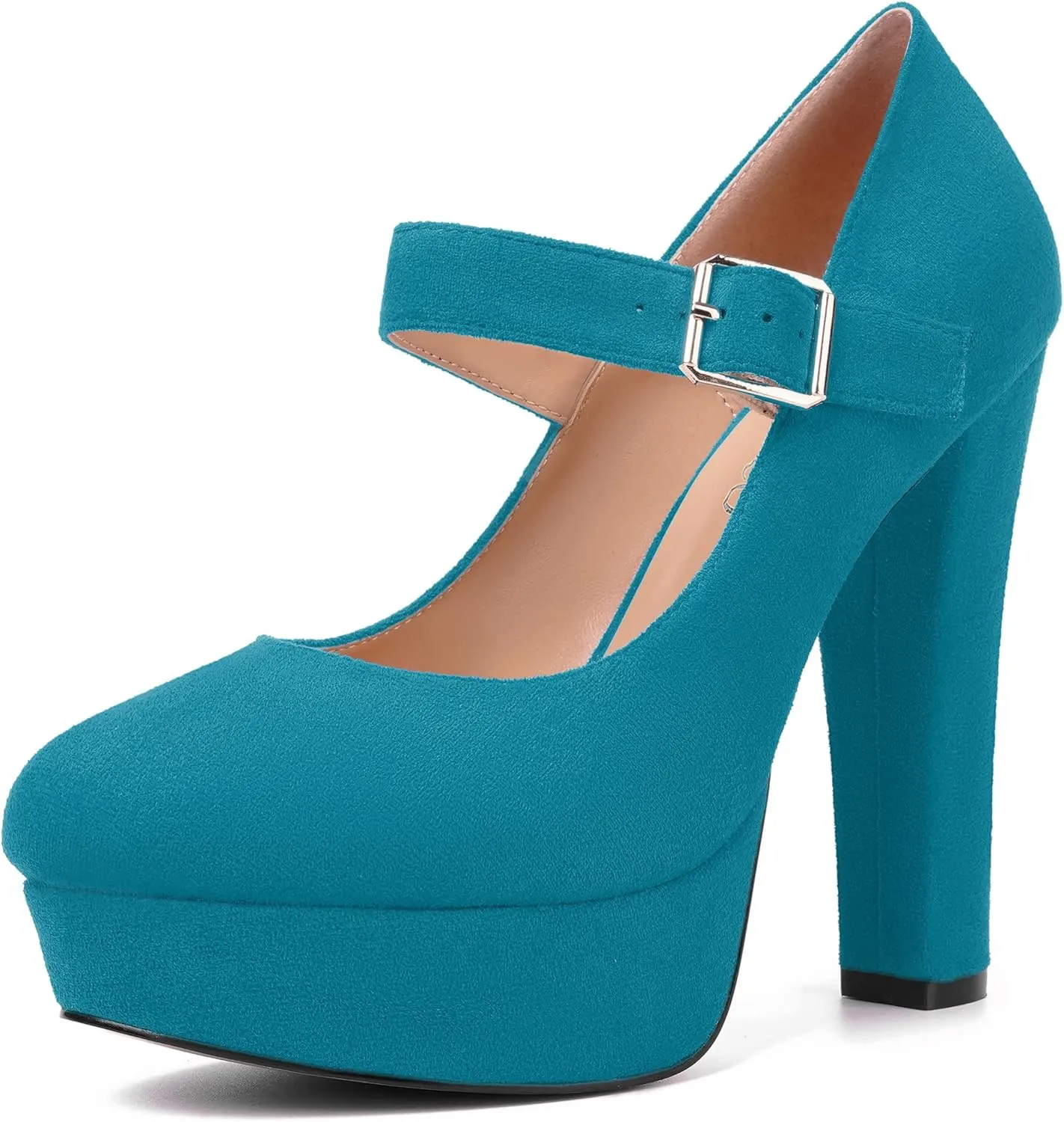 MODENCOCO Womens Fashion Mary Jane Suede Ankle Strap Round Toe Evening Platform Sexy Buckle Block High Heel Pumps Dress Shoes 5 Inch