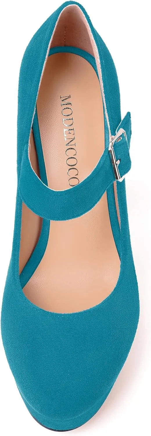 MODENCOCO Womens Fashion Mary Jane Suede Ankle Strap Round Toe Evening Platform Sexy Buckle Block High Heel Pumps Dress Shoes 5 Inch