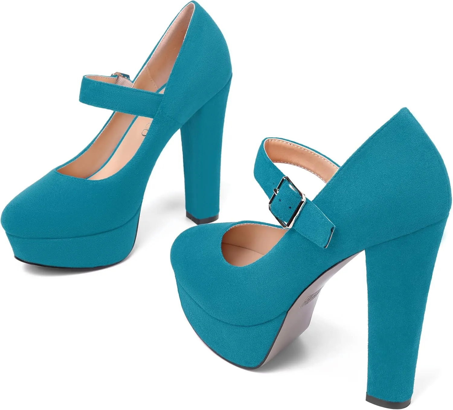 MODENCOCO Womens Fashion Mary Jane Suede Ankle Strap Round Toe Evening Platform Sexy Buckle Block High Heel Pumps Dress Shoes 5 Inch