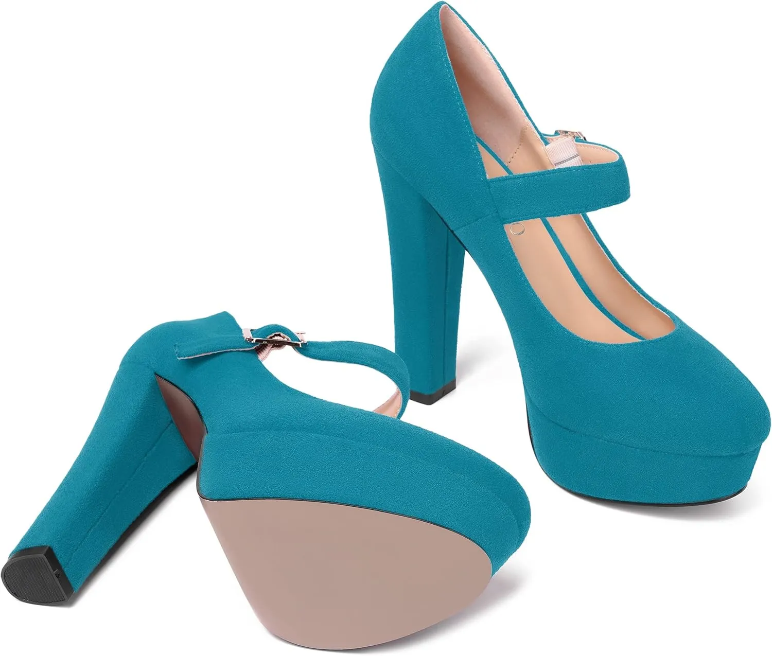 MODENCOCO Womens Fashion Mary Jane Suede Ankle Strap Round Toe Evening Platform Sexy Buckle Block High Heel Pumps Dress Shoes 5 Inch