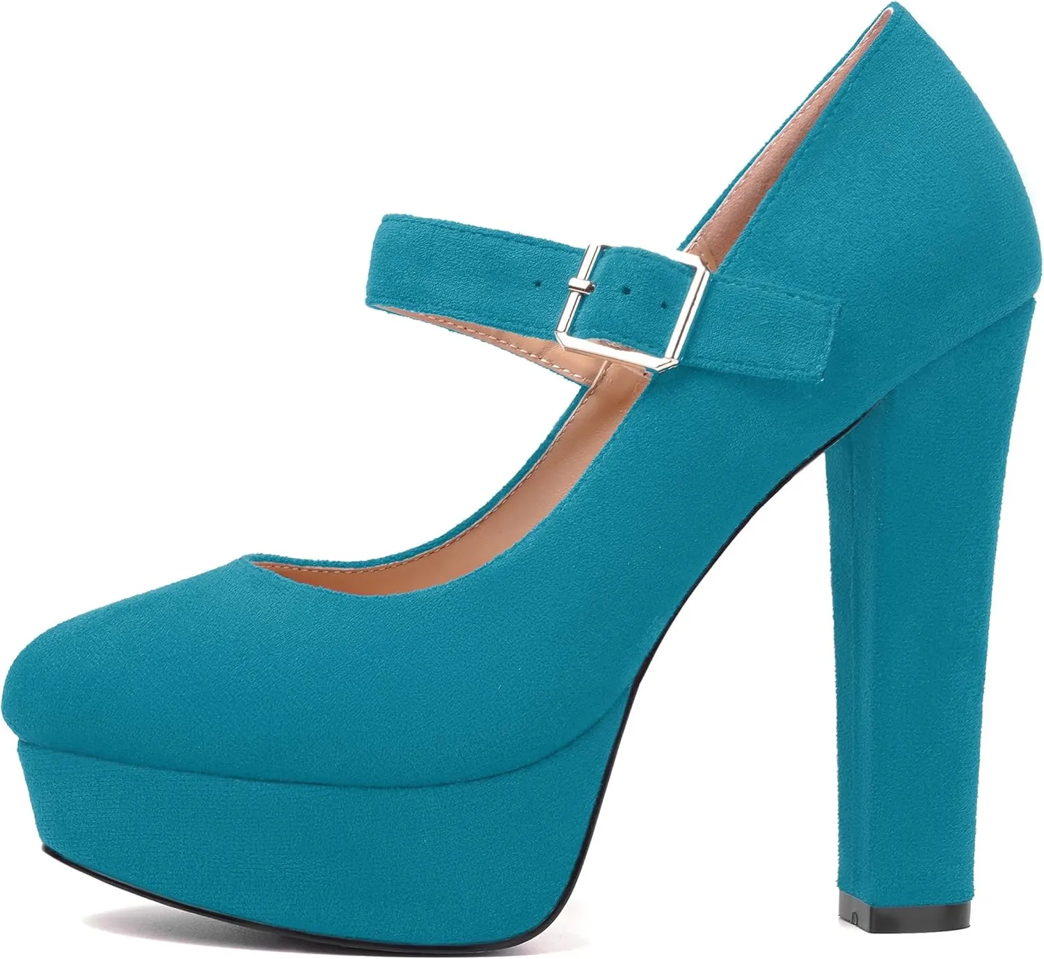 MODENCOCO Womens Fashion Mary Jane Suede Ankle Strap Round Toe Evening Platform Sexy Buckle Block High Heel Pumps Dress Shoes 5 Inch