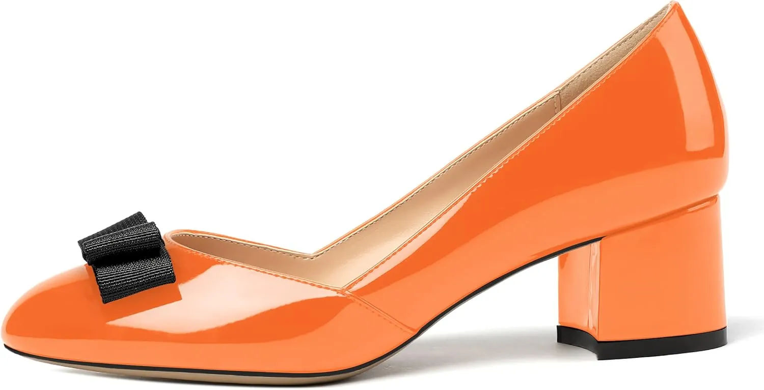 MODENCOCO Women's Round Toe Bow Slip On Patent Chunky Low Heel Pumps Office Work Dress Shoes 2 Inch