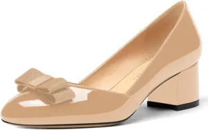 MODENCOCO Women's Round Toe Bow Slip On Patent Chunky Low Heel Pumps Office Work Dress Shoes 2 Inch