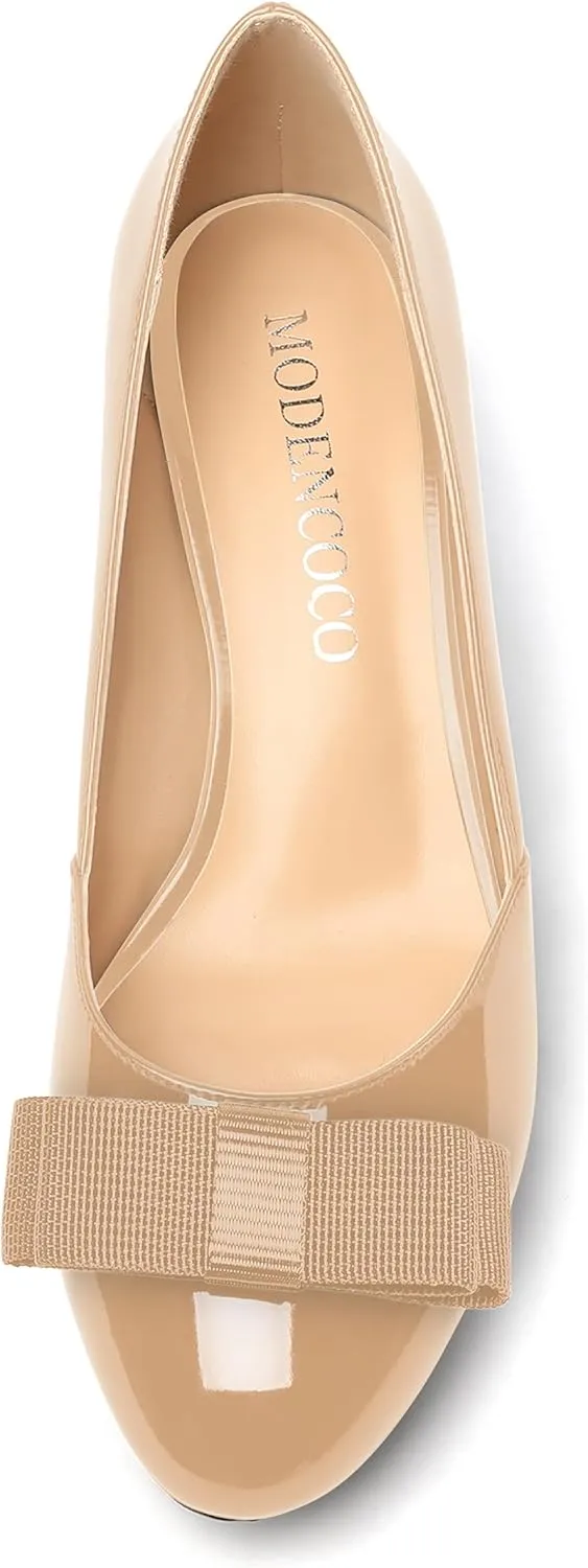 MODENCOCO Women's Round Toe Bow Slip On Patent Chunky Low Heel Pumps Office Work Dress Shoes 2 Inch