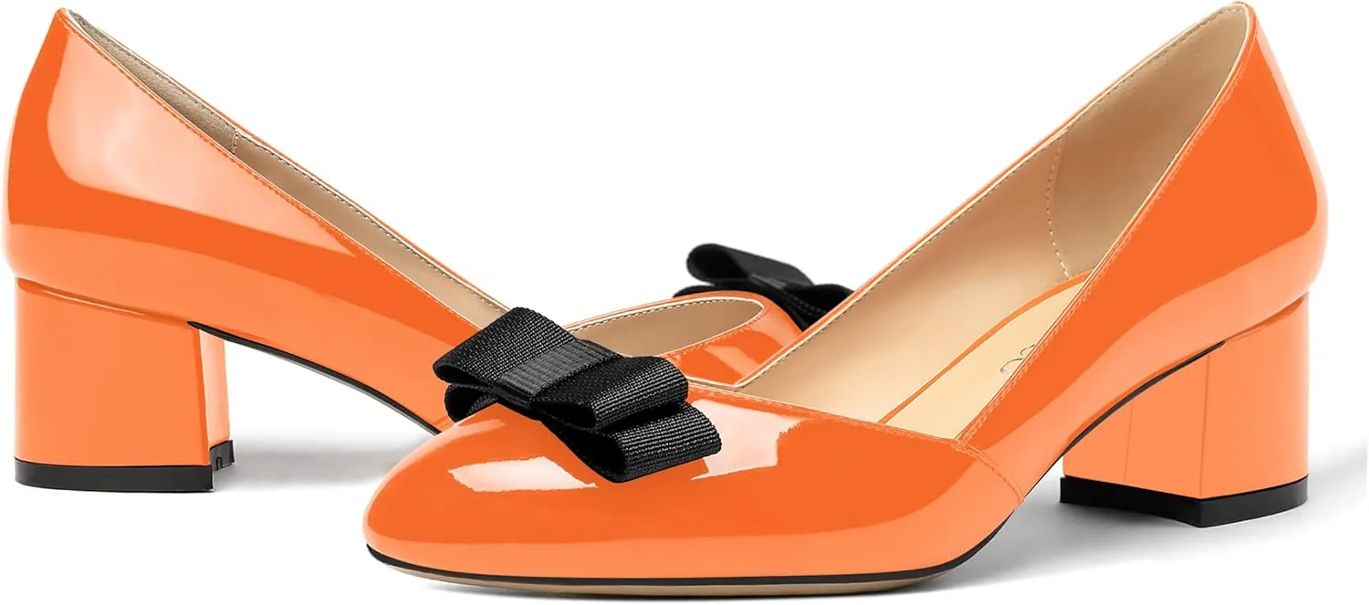 MODENCOCO Women's Round Toe Bow Slip On Patent Chunky Low Heel Pumps Office Work Dress Shoes 2 Inch
