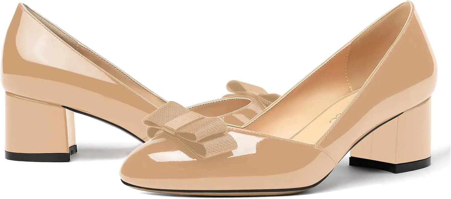 MODENCOCO Women's Round Toe Bow Slip On Patent Chunky Low Heel Pumps Office Work Dress Shoes 2 Inch