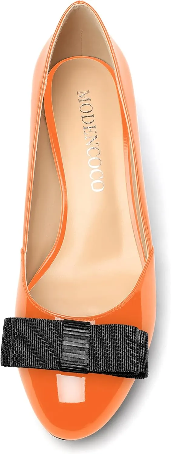 MODENCOCO Women's Round Toe Bow Slip On Patent Chunky Low Heel Pumps Office Work Dress Shoes 2 Inch