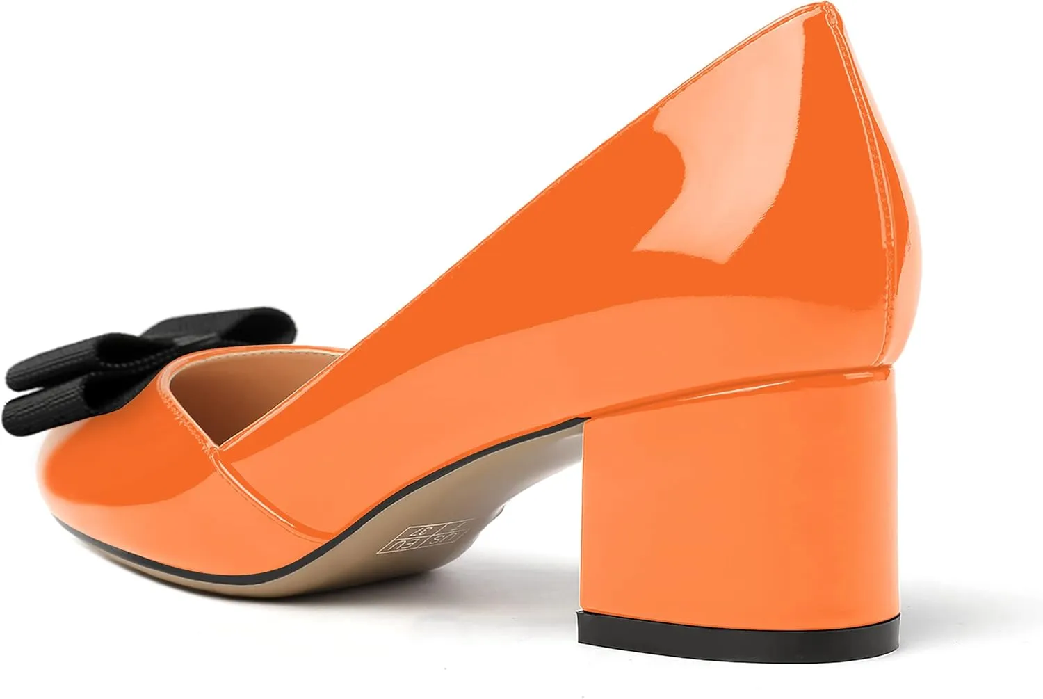 MODENCOCO Women's Round Toe Bow Slip On Patent Chunky Low Heel Pumps Office Work Dress Shoes 2 Inch