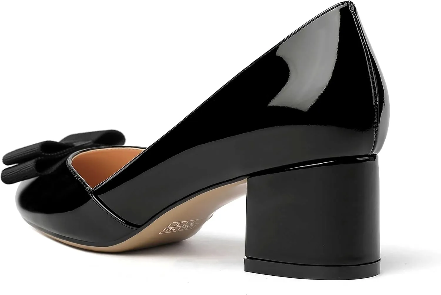 MODENCOCO Women's Round Toe Bow Slip On Patent Chunky Low Heel Pumps Office Work Dress Shoes 2 Inch