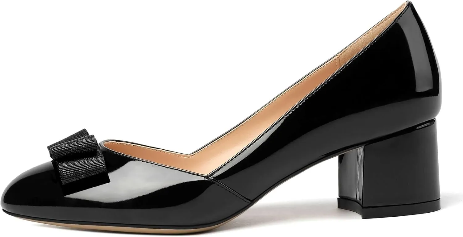 MODENCOCO Women's Round Toe Bow Slip On Patent Chunky Low Heel Pumps Office Work Dress Shoes 2 Inch