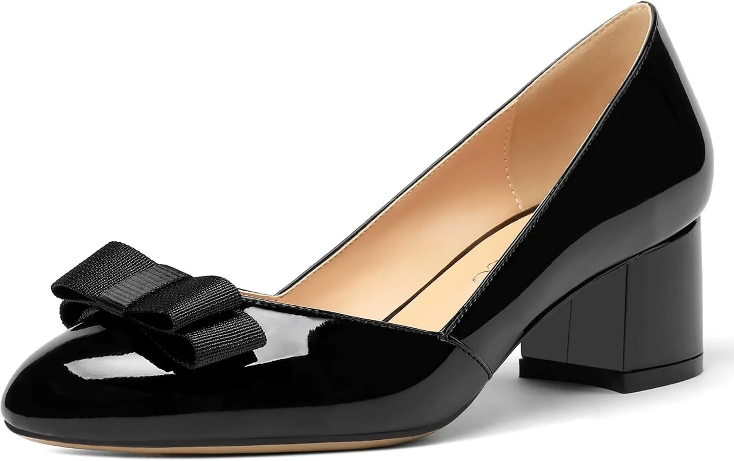 MODENCOCO Women's Round Toe Bow Slip On Patent Chunky Low Heel Pumps Office Work Dress Shoes 2 Inch