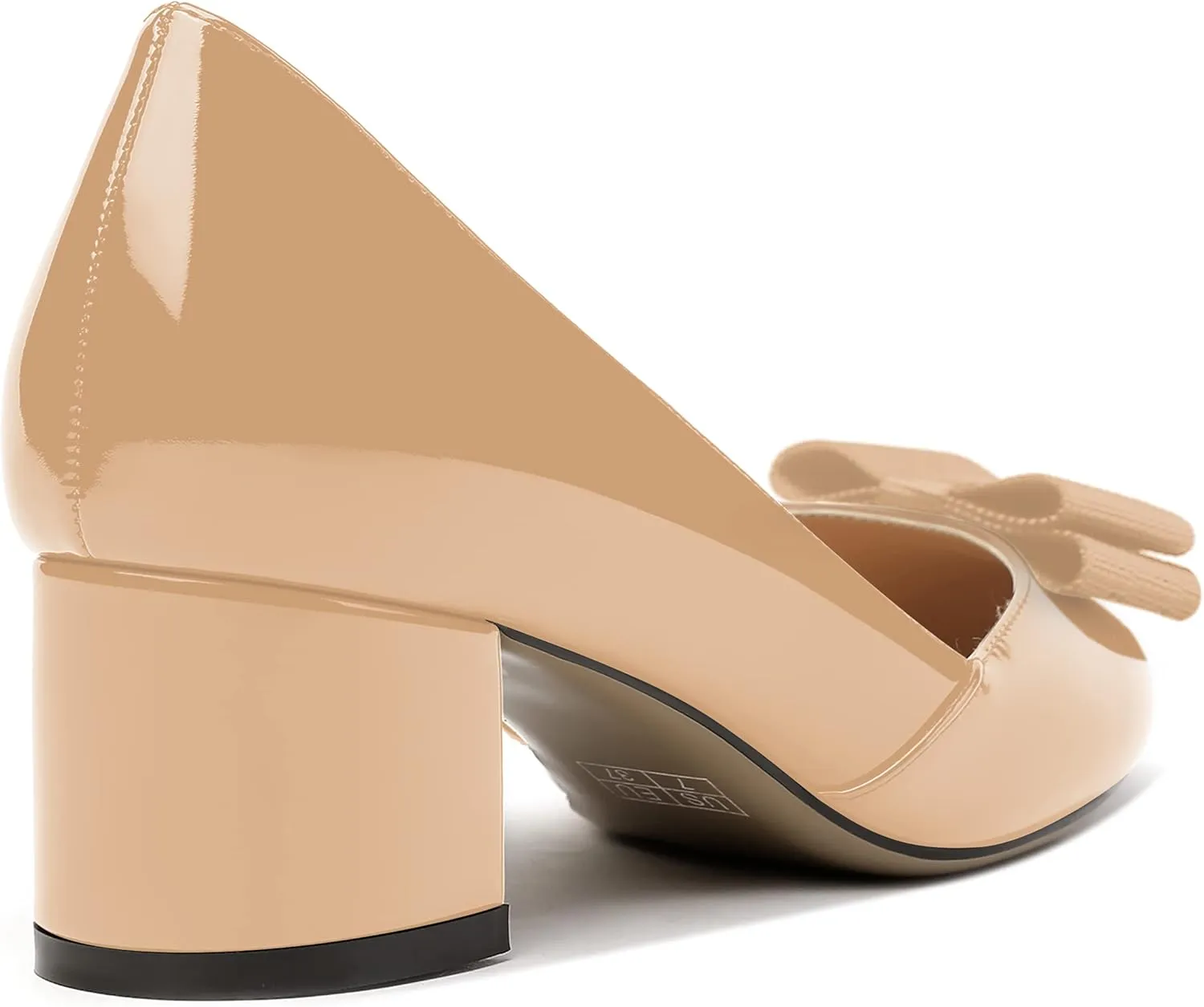 MODENCOCO Women's Round Toe Bow Slip On Patent Chunky Low Heel Pumps Office Work Dress Shoes 2 Inch