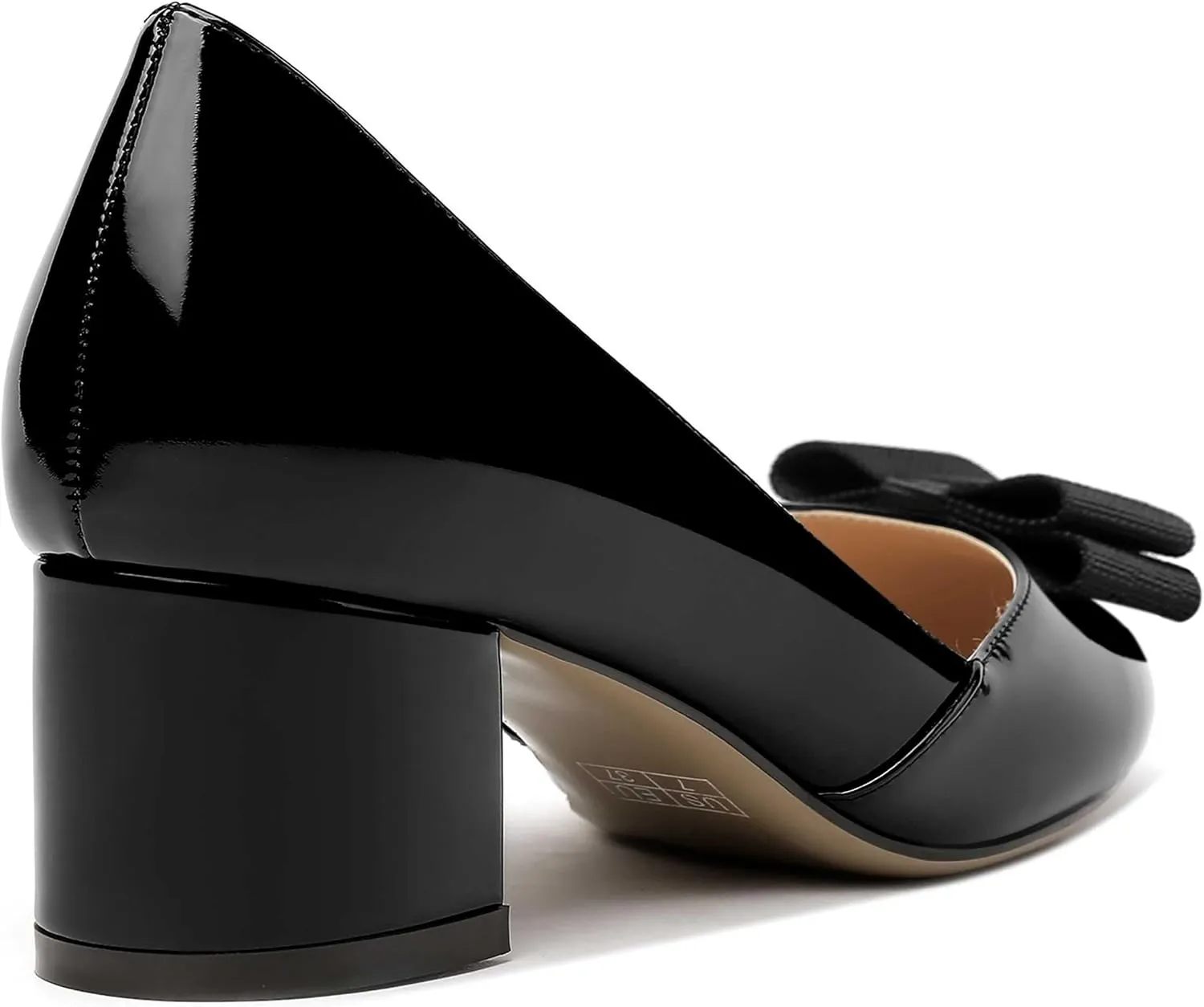 MODENCOCO Women's Round Toe Bow Slip On Patent Chunky Low Heel Pumps Office Work Dress Shoes 2 Inch