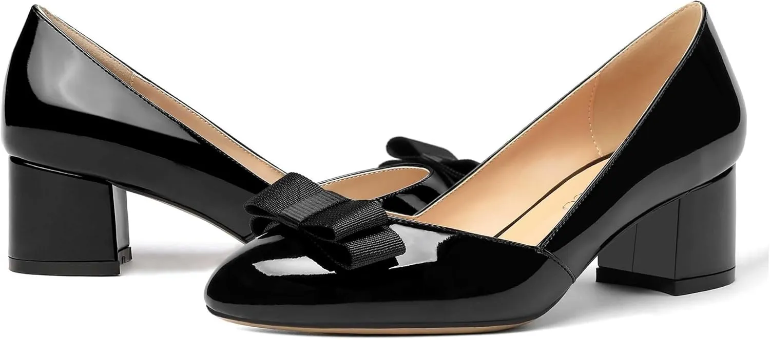 MODENCOCO Women's Round Toe Bow Slip On Patent Chunky Low Heel Pumps Office Work Dress Shoes 2 Inch